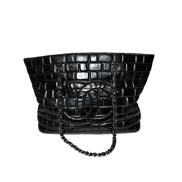 CHANEL Frozen Black Vinyl Quilted Large Chain Strap Shopping Tote Bag - Picture 1 of 11